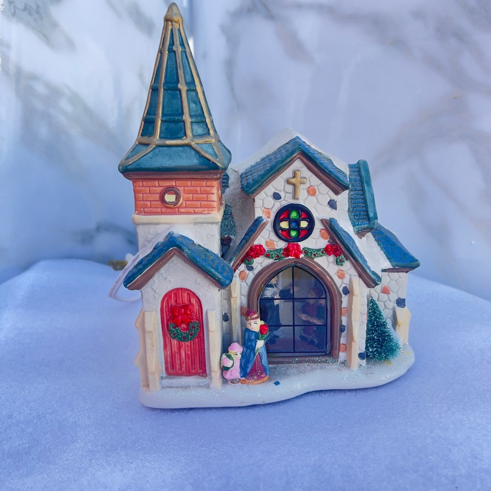 Vintage Lighted Ceramic Christmas Village Church Teal Roof Snowy Stone Facade